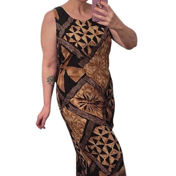 VTG 90s Brown Black Tribal Print Tie Back Midi Hawaiian Wiggle Dress Size LP - Picture 4 of 12